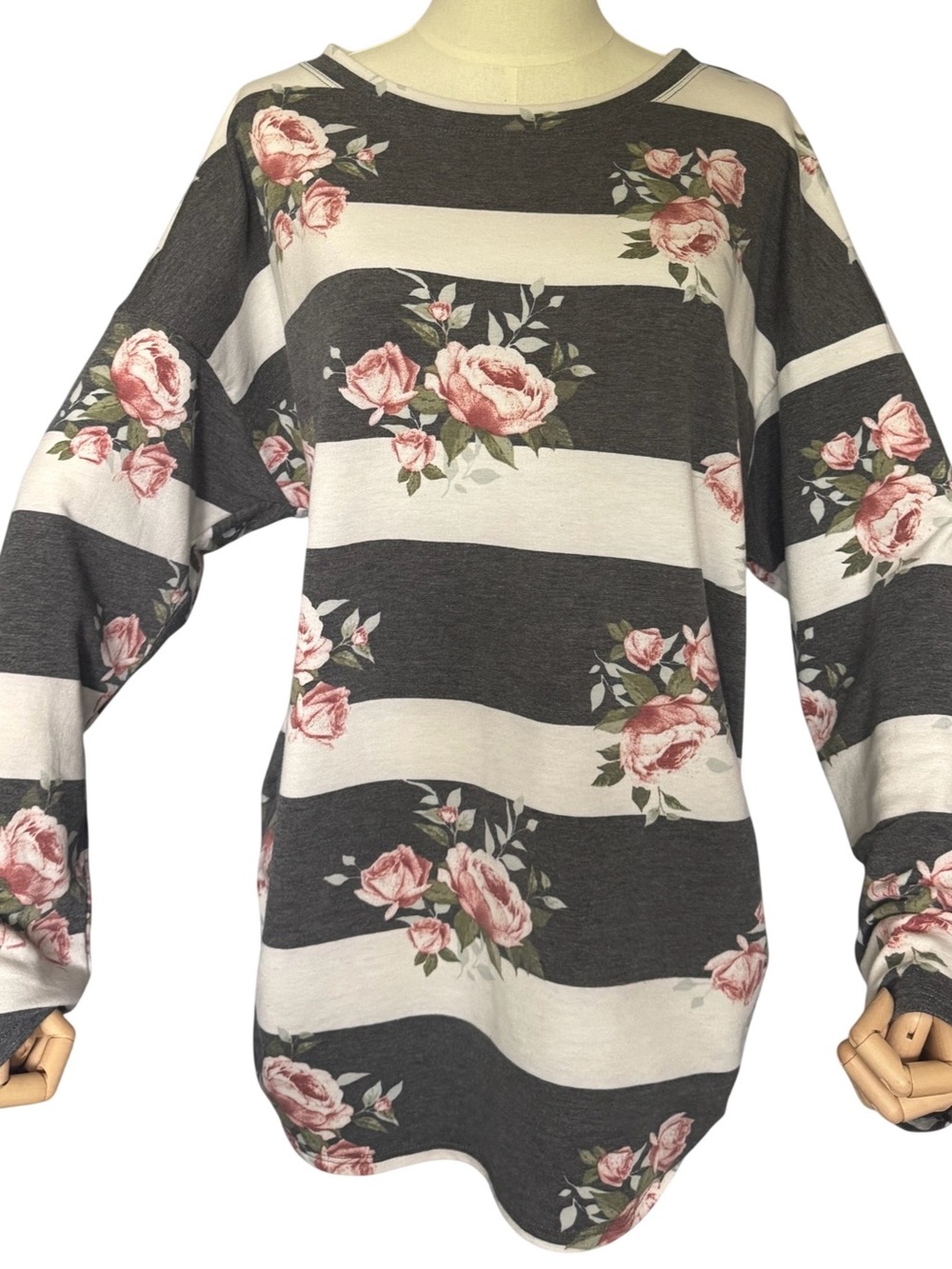 AGB Floral Striped Top XL Long Sleeve Crewneck Gray Cream Rose